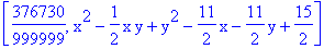 [376730/999999, x^2-1/2*x*y+y^2-11/2*x-11/2*y+15/2]